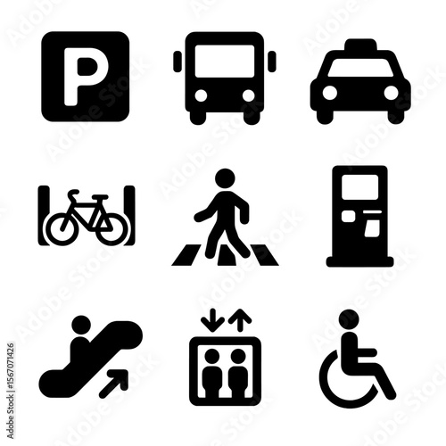 Circus Transport Icons. Solid, filled icon set of circus crowd transportation: parking sign, shuttle bus, taxi, bicycle rack,