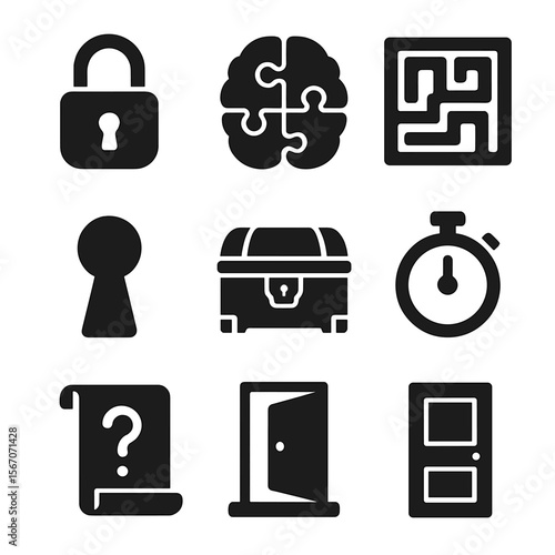 Escape Room Icons. Solid, filled icons set of puzzle and escape room games: lock icon, brain puzzle, maze icon