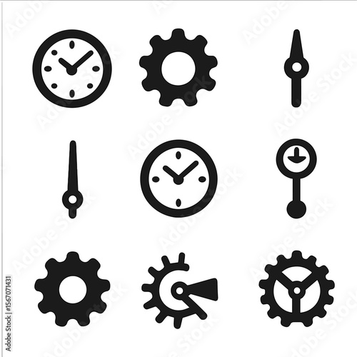 Clockwork Icon Grid. Solid, filled icon set of clockwork mechanism: clock face, gear wheel, minute hand, second hand, hour hand,