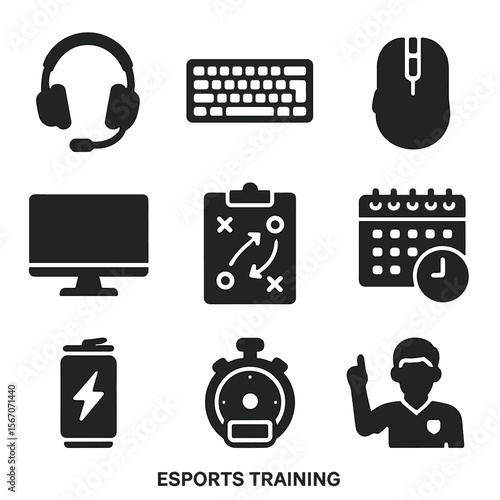 Esports Training Icons. Solid, filled icons set of esports training: gaming headset, RGB keyboard, mechanical