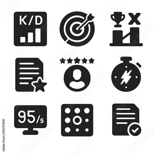 Esports Performance Icons. Solid, filled icons set of esports performance tracking: K/D ratio, accuracy chart,