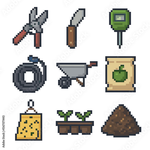 Apple Cultivation Tools. Pixel art icon set of apple cultivation tools: pruning shears, grafting knife, soil tester, irrigation