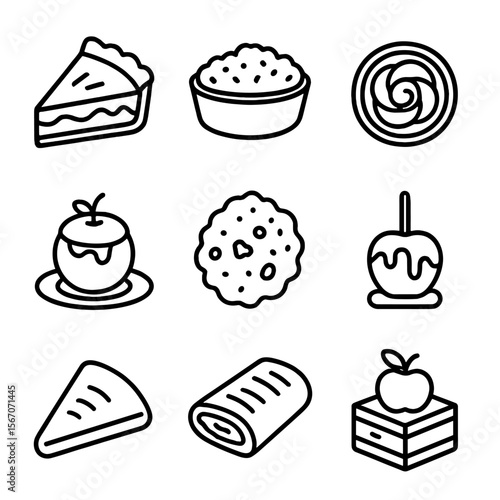 Apple Dessert Icons. Outline icon set of apple desserts: apple pie, apple crumble, apple tart, baked apple, apple fritter, caramel