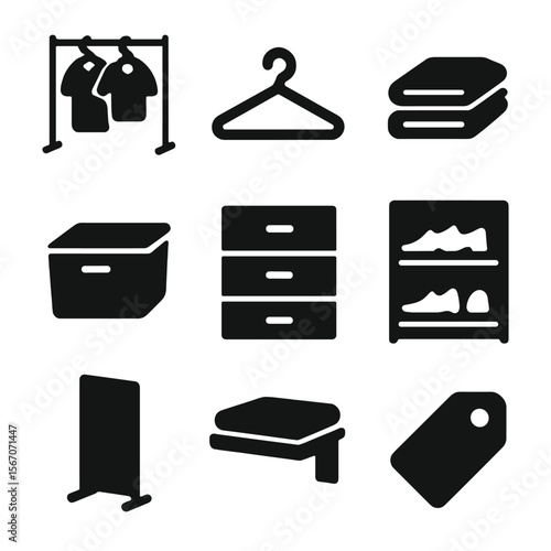 Closet Organization Icons. Solid, filled icon set of shared closet organization: clothing rack, hangers, folded clothes, storage