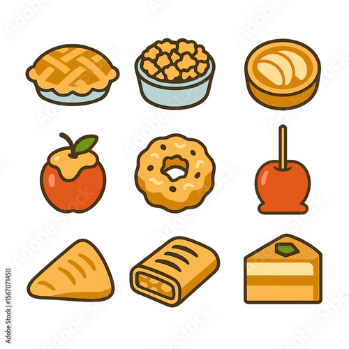 Apple Dessert Icons. Flat icon set of apple desserts: apple pie, apple crumble, apple tart, baked apple, apple fritter, caramel