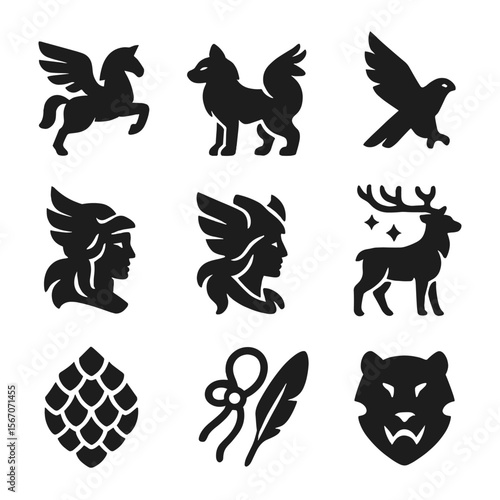 Mythical Creature Icons. Solid, filled icons set of valkyrie and mythical animals: winged horse, guardian wolf