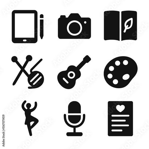 Creative Hobbies Icons. Solid, filled icon set of Gen Z & Millennial creative hobbies: digital tablet, film camera, sketchbook,