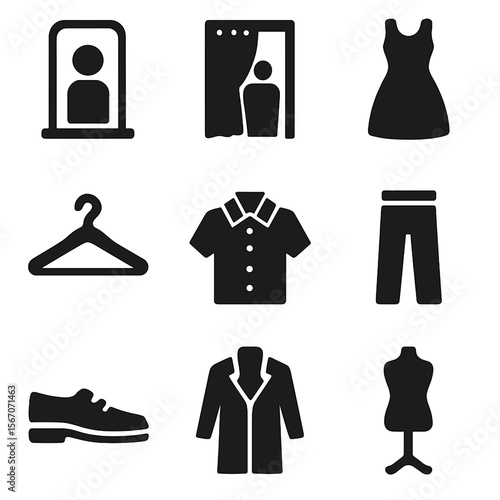Clothing Icon Set. Solid, filled icon set of trying on clothes: mirror, fitting room, dress, hanger, shirt, pants, shoes, coat,