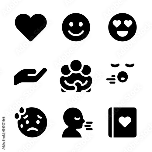Emotional Icons Grid. Solid, filled icon set of expecting emotions: heart, smiley face, love, excitement, nervousness, support
