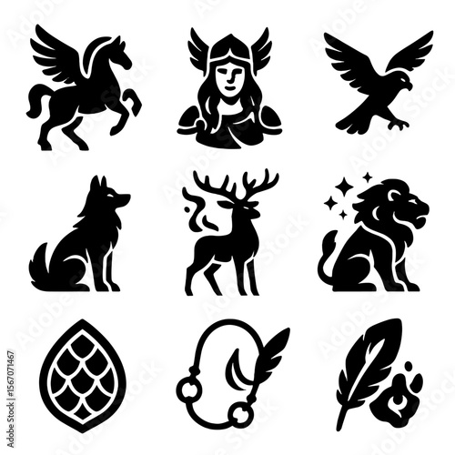 Mythical Creature Icons. Solid, filled icons set of valkyrie and mythical animals: winged horse, guardian wolf