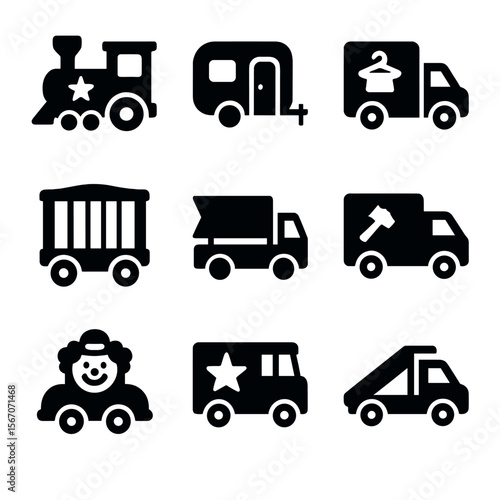 Circus Transport Icons. Solid, filled icon set of circus transportation: circus train, travel trailer, costume truck, animal cage