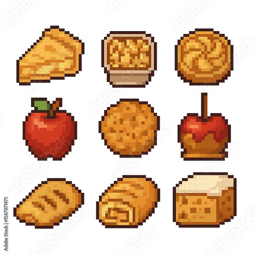 Apple Dessert Icons. Pixel art icon set of apple desserts: apple pie, apple crumble, apple tart, baked apple, apple fritter,