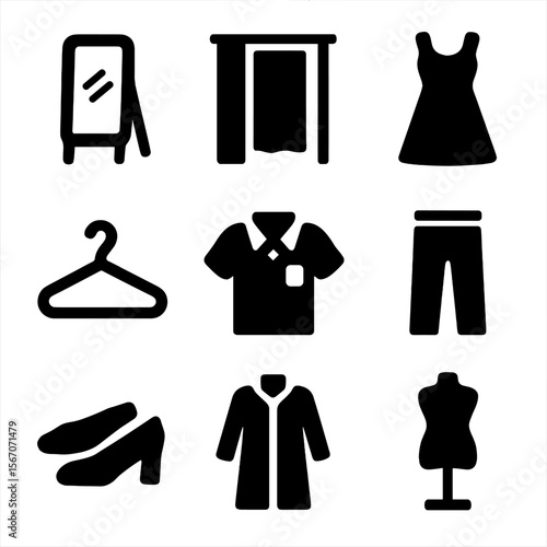 Clothing Icon Set. Solid, filled icon set of trying on clothes: mirror, fitting room, dress, hanger, shirt, pants, shoes, coat,