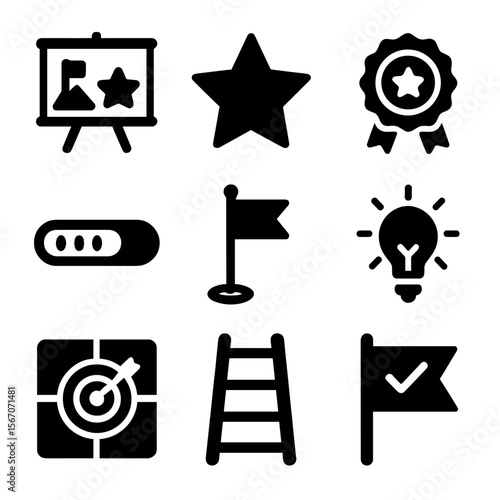 Career Goal Icons. Solid, filled icons set of career goal setting: vision board, star icon, achievement badge,
