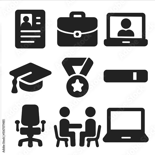 Career Growth Icons. Solid, filled icons set of career and skill growth: resume, briefcase, online course,