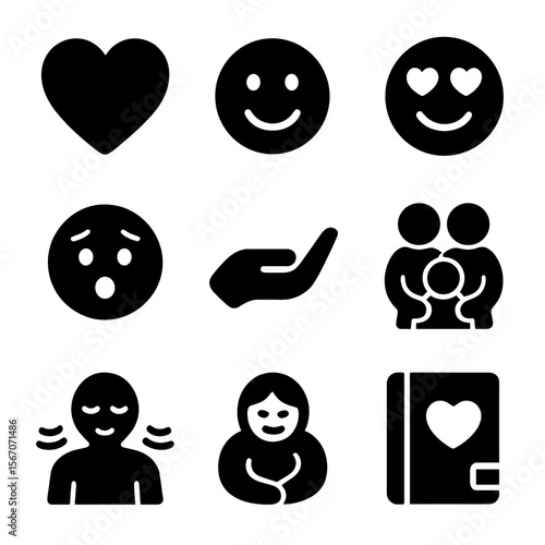 Emotional Icons Grid. Solid, filled icon set of expecting emotions: heart, smiley face, love, excitement, nervousness, support