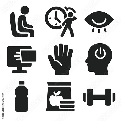 Esports Wellness Icons. Solid, filled icons set of esports health and wellness: posture reminder, stretch