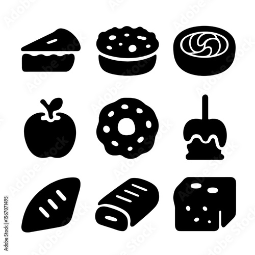 Apple Dessert Icons. Solid, Filled icon set of apple desserts: apple pie, apple crumble, apple tart, baked apple, apple fritter,