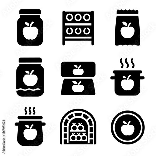 Apple Preservation Icons. Solid, Filled icon set of apple preservation methods: canning jar, drying rack, freeze-dry packet,