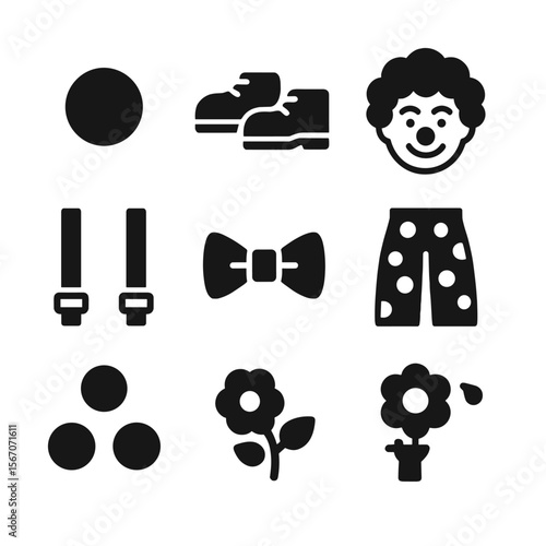 Clown Accessories Icons. Solid, filled icon set of clown costume accessories: red nose, oversized shoes, colorful wig, face paint,