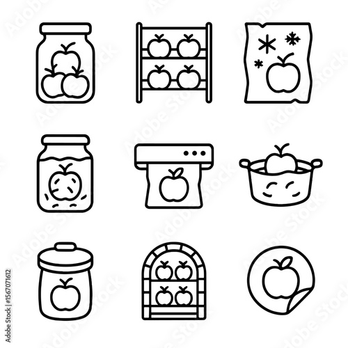 Apple Preservation Icons. Outline icon set of apple preservation methods: canning jar, drying rack, freeze-dry packet, pickling