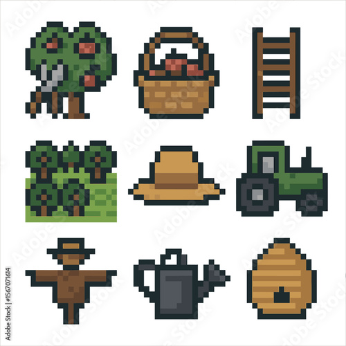 Apple Orchard Icons. Pixel art icon set of apple orchard activities: tree pruning, fruit picking basket, ladder, orchard rows, sun
