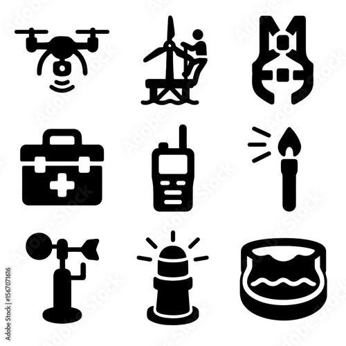 Offshore Wind Icon Set. Solid, filled icon set of offshore wind platform operations: inspection drone, technician climbing, safety
