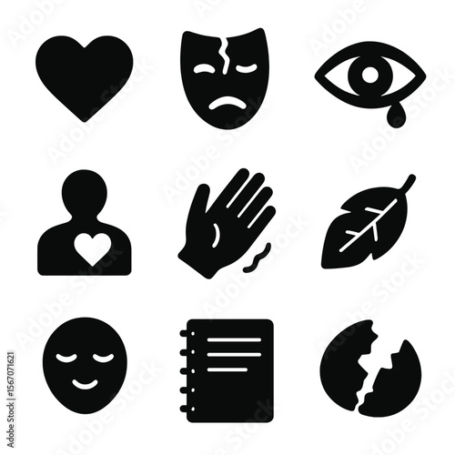 Emotional Vulnerability Icons. Solid, filled icon set of emotional vulnerability: open heart, cracked mask, crying eye, exposed