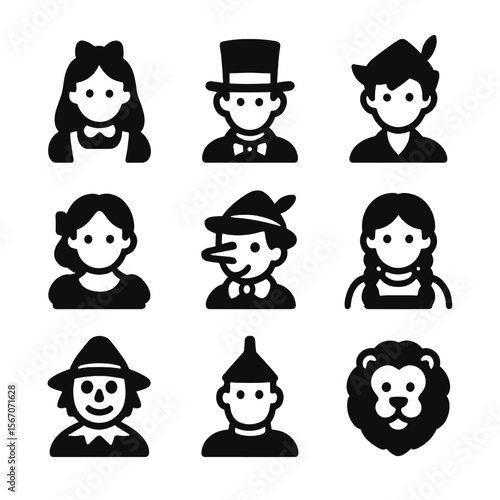 Classic Story Icons. Solid, filled icon set of classic children’s literature: Alice, Mad Hatter, Peter Pan, Wendy, Pinocchio,