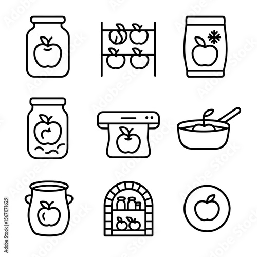 Apple Preservation Icons. Outline icon set of apple preservation methods: canning jar, drying rack, freeze-dry packet, pickling