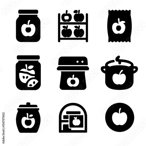 Apple Preservation Icons. Solid, Filled icon set of apple preservation methods: canning jar, drying rack, freeze-dry packet,
