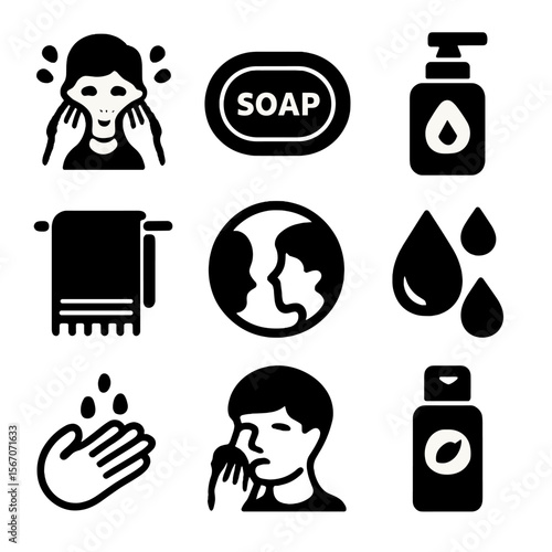 Face Washing Icons. Solid, filled icons set of washing your face: splash of water, soap bar, facial cleanser,