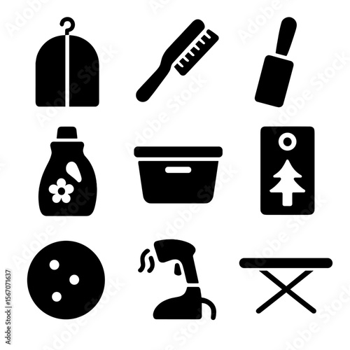 Fabric Care Icons. Solid, filled icons set of fabric care and storage: garment cover, fabric brush, lint