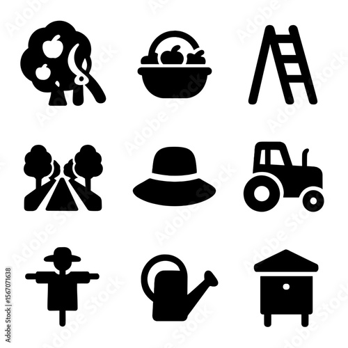 Apple Orchard Icons. Solid, Filled icon set of apple orchard activities: tree pruning, fruit picking basket, ladder, orchard rows,