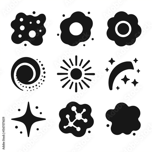 Nebula Icons Grid. Solid, filled icons set of nebular environments: ion gas, glowing field, dense core, outer