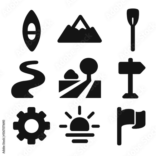 Nature Recreation Icons. Solid, filled icons set of nature-based recreation: kayak, mountain peak, canoe