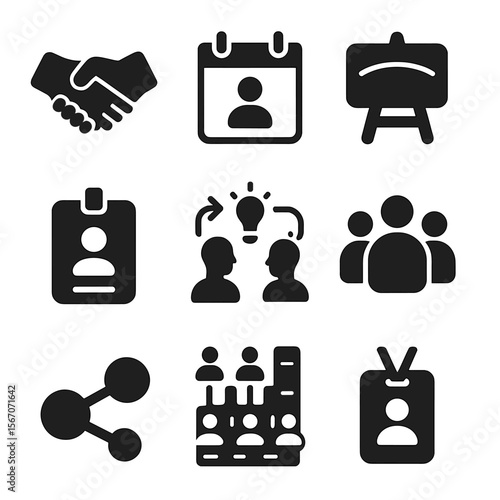 Networking Icon Set. Solid, filled icons set of networking and community: handshake icon, event calendar, name
