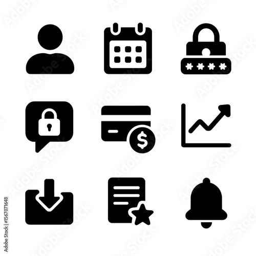 Online Therapy Icons. Solid, filled icon set of online therapy platform features: user profile, appointment calendar, secure login