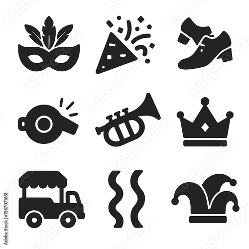 Carnival Icon Set. Solid, filled icons set of Carnival: feathered mask, confetti blast, dance shoes, whistle