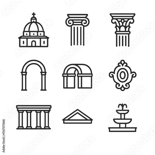 Renaissance Architecture Icons. Outline icon set of Renaissance architectural elements: domed cathedral, classical column,