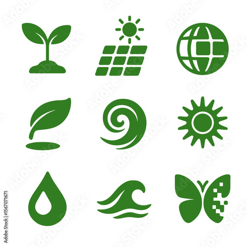 Nature-Tech Harmony Icons. Solid, filled icons set of nature-tech harmony: green sprout, solar icon, crystal
