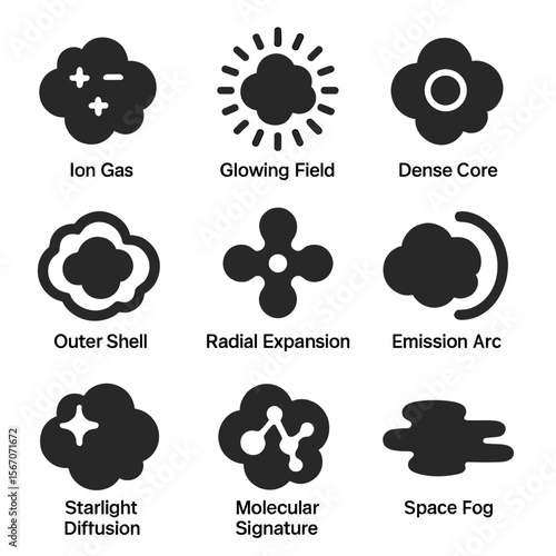 Nebula Icons Grid. Solid, filled icons set of nebular environments: ion gas, glowing field, dense core, outer