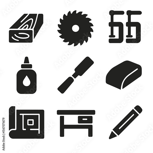 Carpentry Tool Icons. Solid, filled icons set of carpentry projects: wood plank, saw blade, clamps, wood glue,