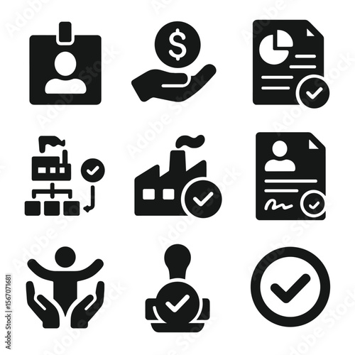 Fair Labor Icons. Solid, filled icons set of fair labor and transparency: worker badge, fair wage icon,