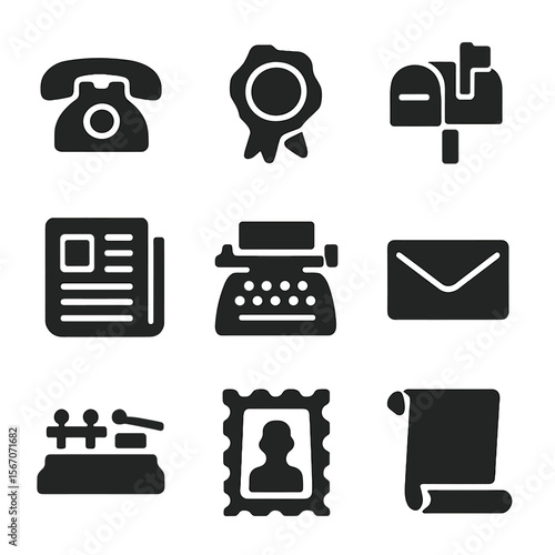 Classic Communication Icons. Solid, filled icon set of classic communication: rotary phone, wax seal, mailbox, newspaper,