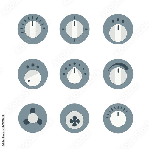 Appliance Knob Icons. Flat icon set of appliance knob collection: oven knob, stove burner knob, grill control knob, fridge