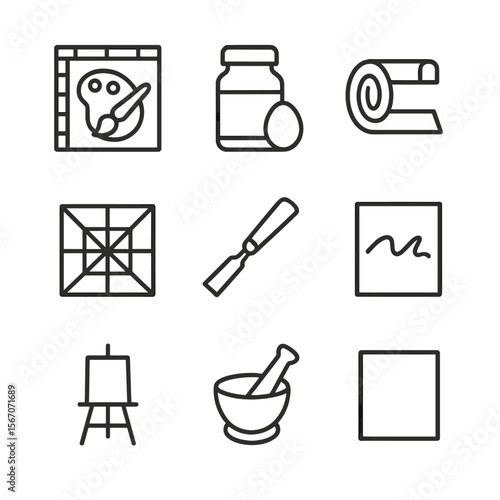 Renaissance Art Tools Icons. Outline icon set of Renaissance art techniques and tools: fresco palette, tempera egg yolk jar,