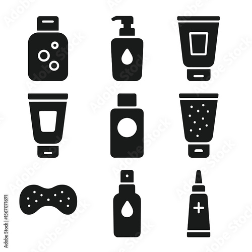Facial Care Icons Set. Solid, filled icons set of facial care products: micellar water, cleansing oil, gel