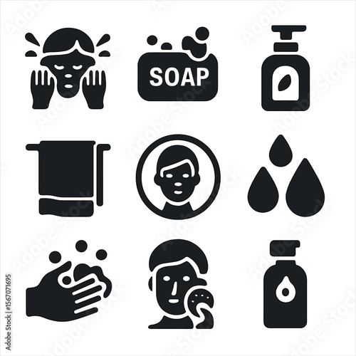 Face Washing Icons. Solid, filled icons set of washing your face: splash of water, soap bar, facial cleanser,