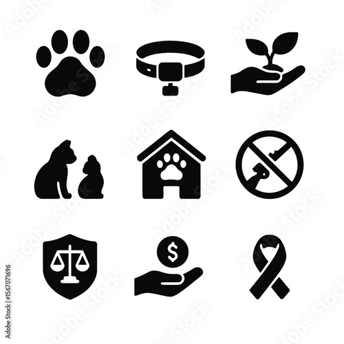 Endangered Species Icons. Solid, filled icon set of endangered species protection: animal paw print, tracking collar, habitat